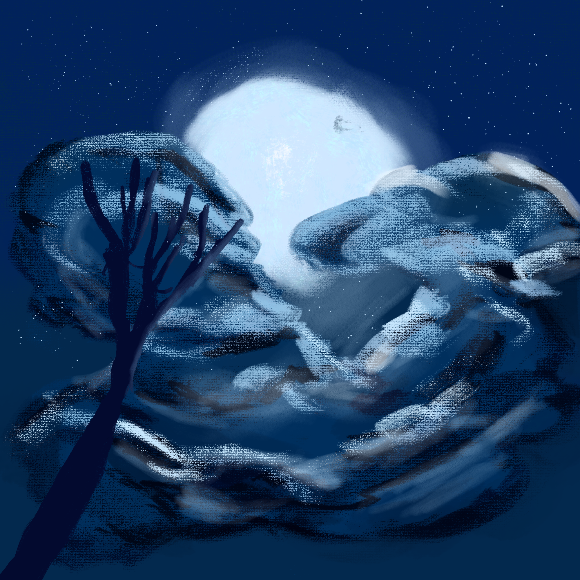 A digital painting of a nighttime scene with a large full moon, clouds, a starry sky, and a silhouette of a tree.