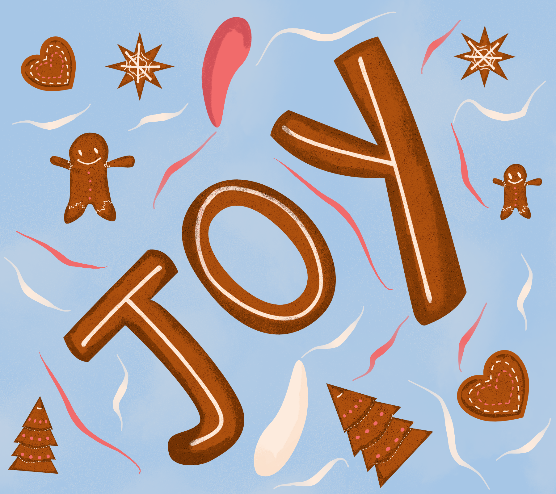Festive holiday illustration showing gingerbread cookies spelling out 'Joy', decorated hearts and trees, and swirling ribbons on a blue background.