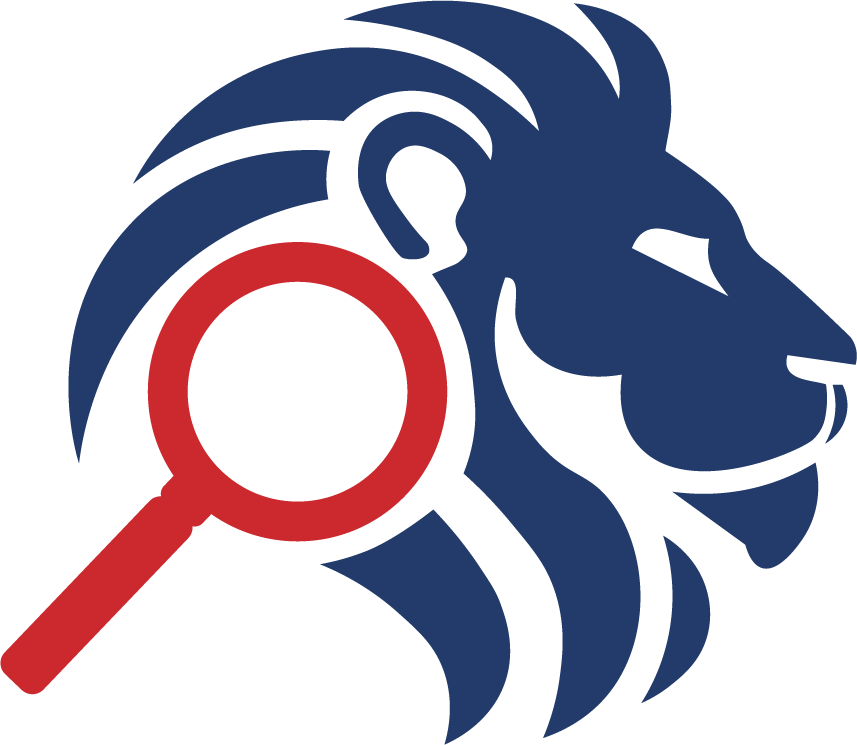 A logo featuring a stylized blue lion's head with a red magnifying glass positioned near the eye.