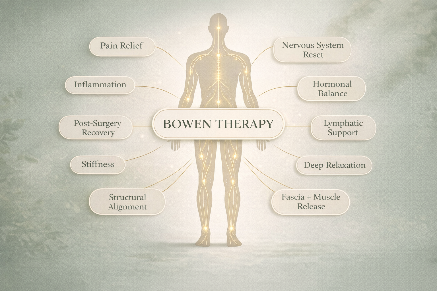 Diagram showing the benefits of Bowen therapy, including pain relief, inflammation, post-surgery recovery, stiffness, structural alignment, nervous system reset, hormonal balance, lymphatic support, deep relaxation, and fascia and muscle release.