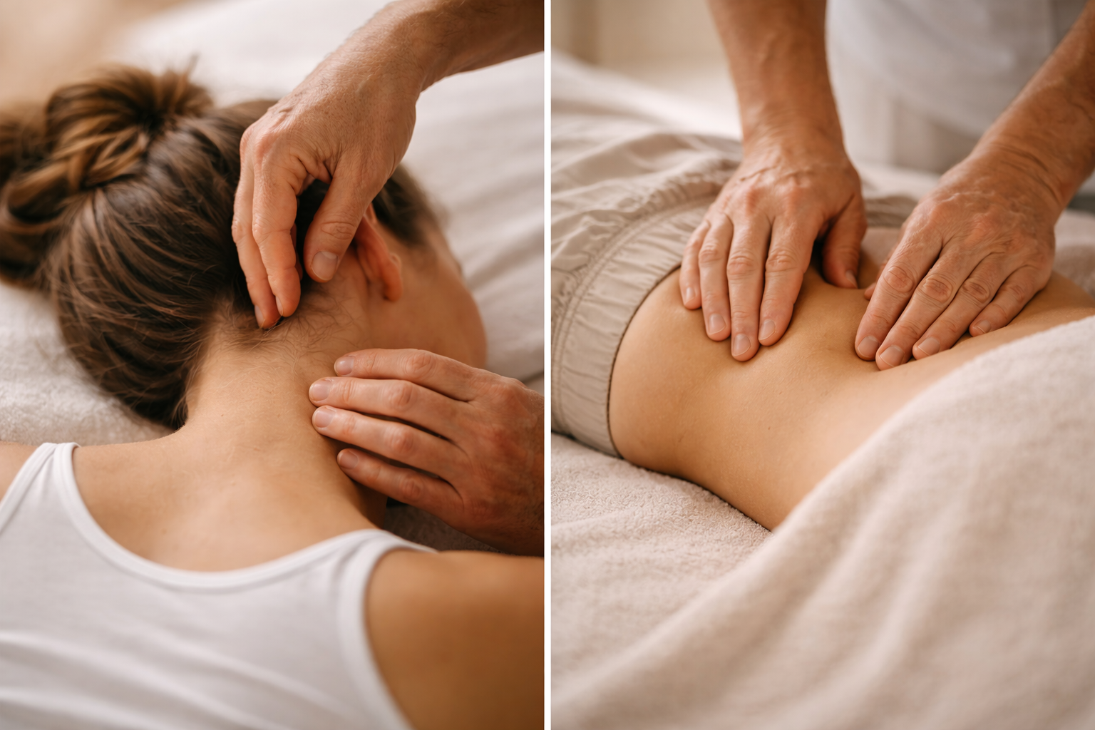 A person receiving a massage, shown from two angles; the left side focusing on the back of their neck and head, the right side showing hands massaging the person's lower back.
