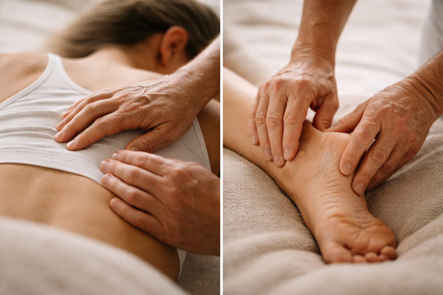 A woman receiving a massage, with the focus on the massage therapist's hands working on her back and arm.