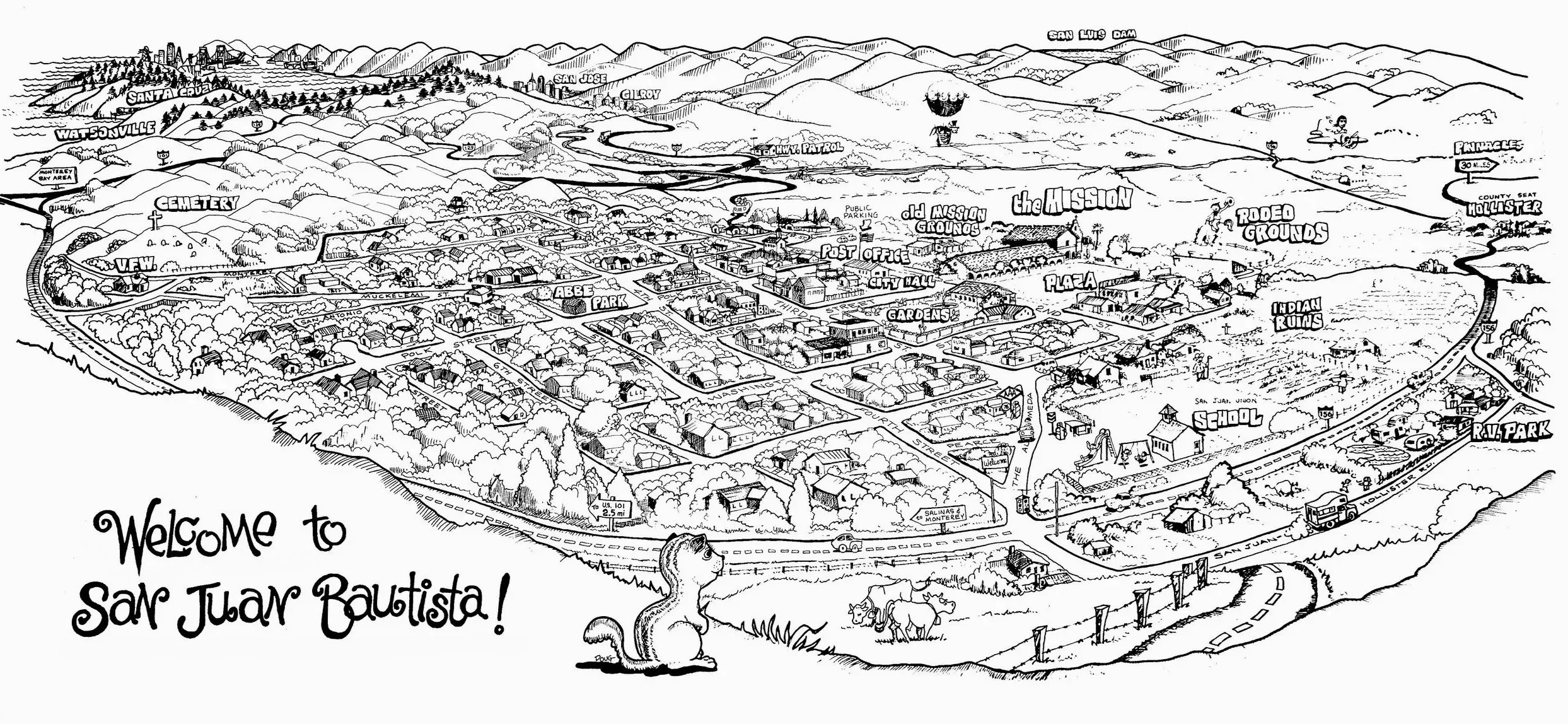 A detailed illustrated map of San Juan Bautista, showing streets, neighborhoods, and landmarks like the cemetery, old mission grounds, rodeo grounds, school, and park, with labeled natural features and roads.
