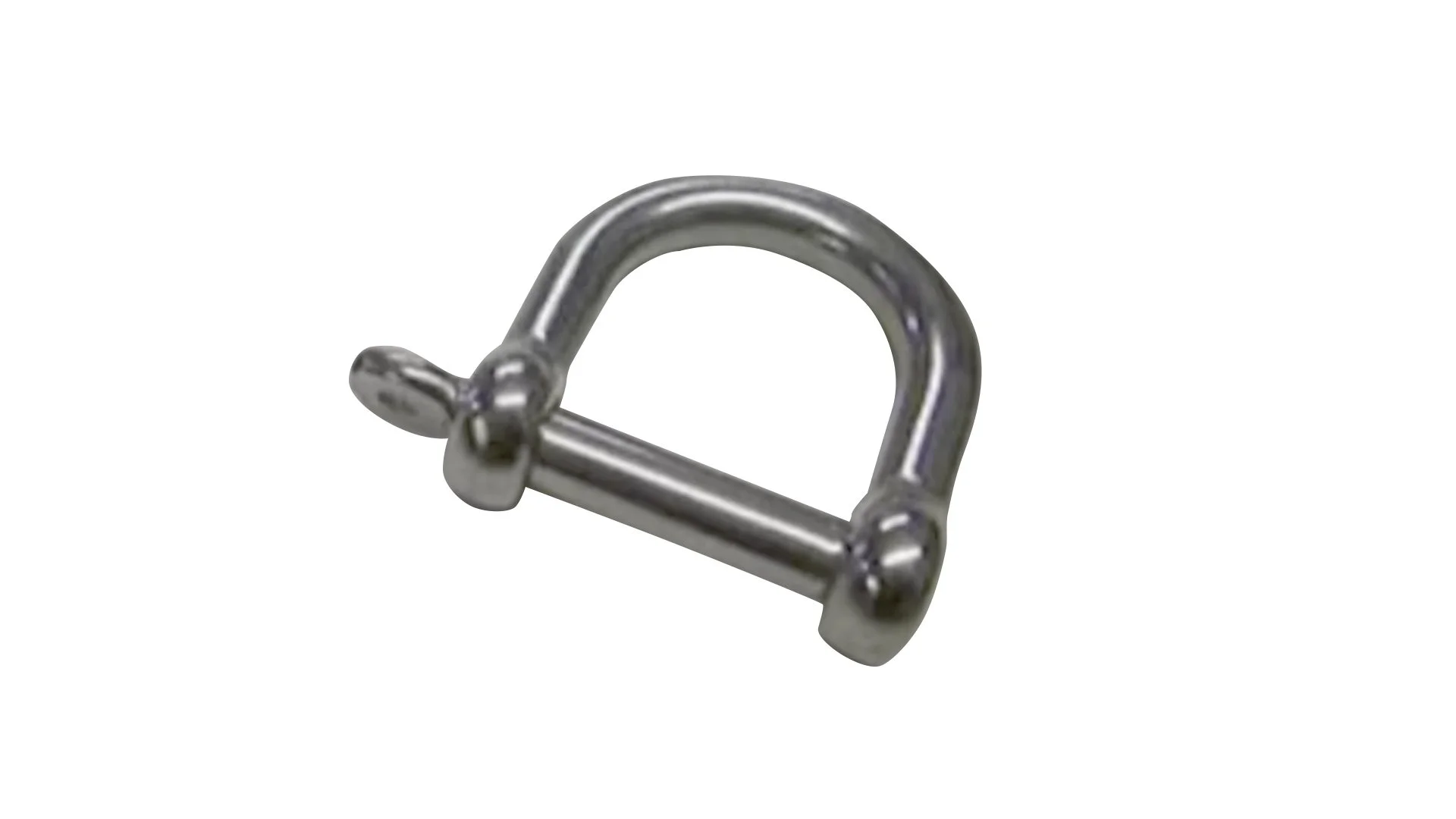 A small metallic shackle clasp on a white background.