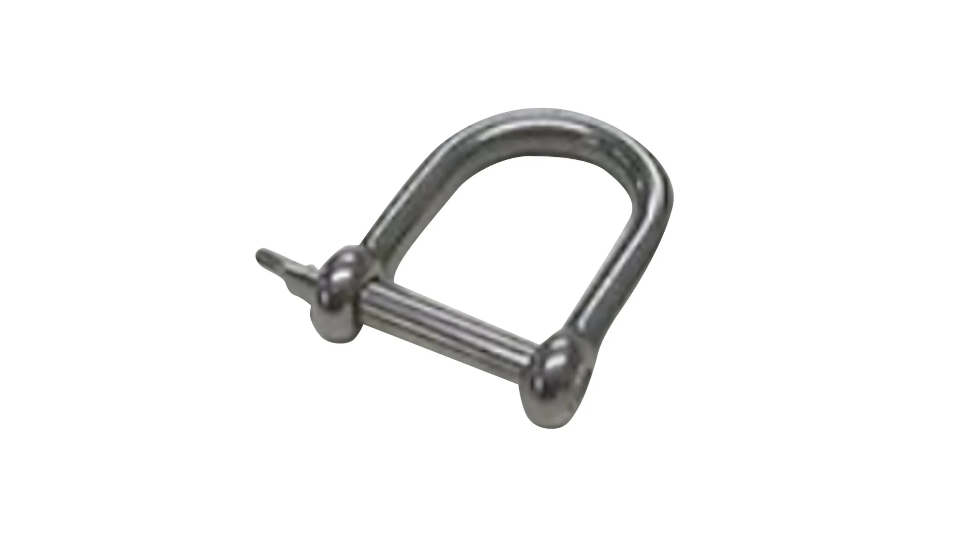 A small metal D-ring buckle with a pin, used for securing straps or belts.
