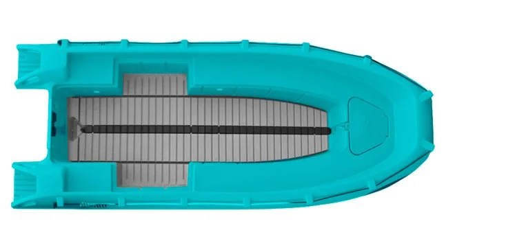 Top view of a blue boat with gray interior seating and a black line running down the middle.