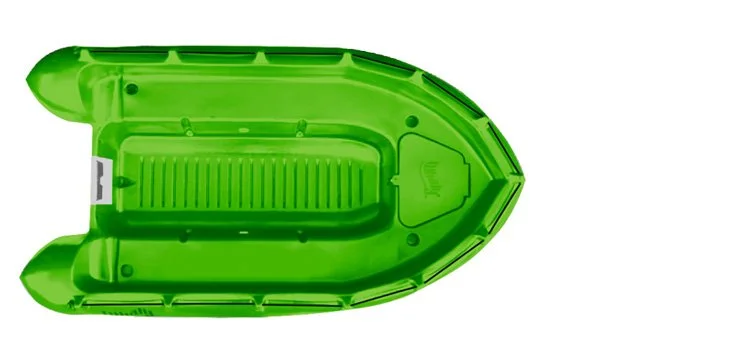 Top view of a green inflatable boat with a ribbed floor and a small outlined section for a motor.