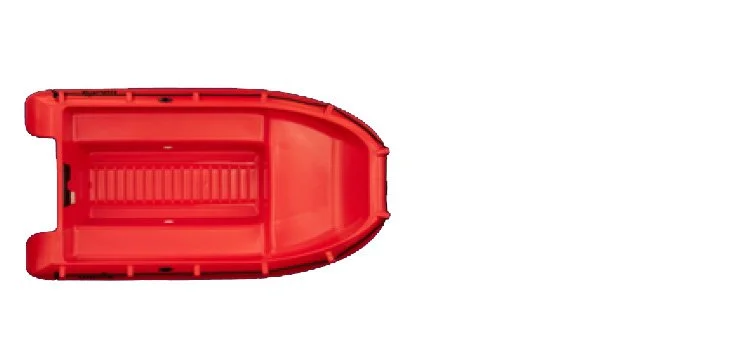 Red plastic canoe viewed from above.