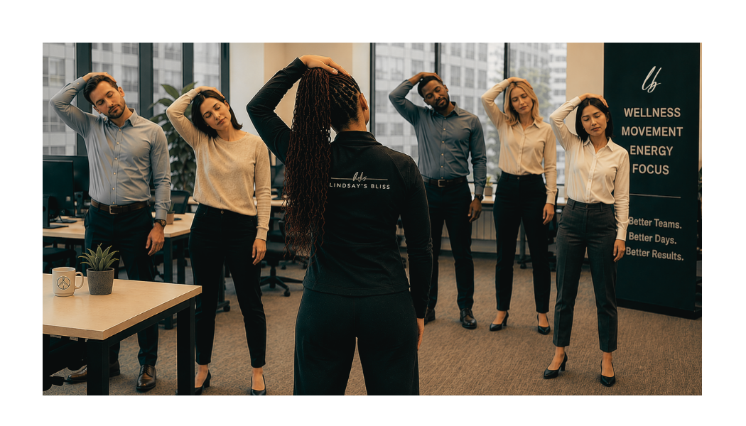 A woman in a black jacket with 'Lindsay's Bliss' on the back leading a guided stretching reset during a Workplace Wellness Day