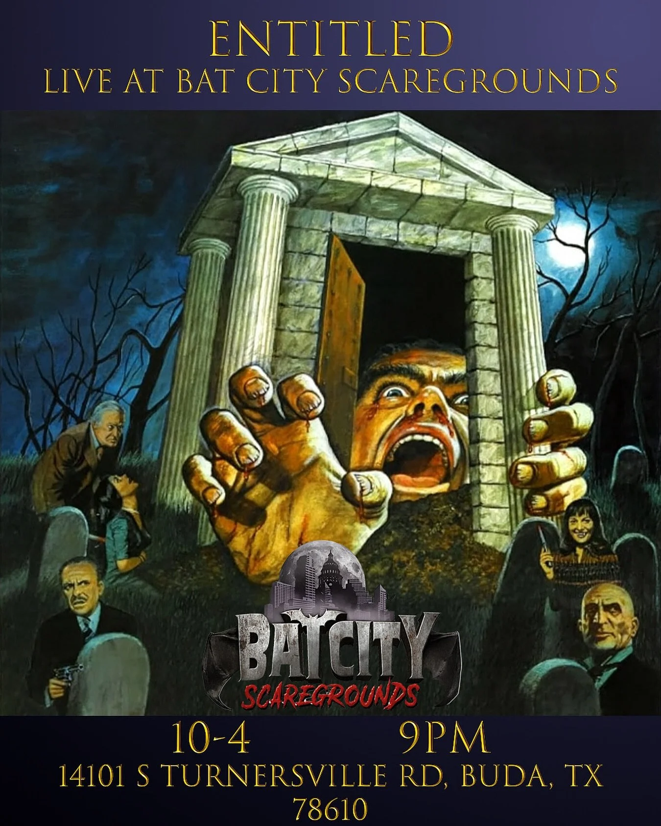 Playing @batcityscaregrounds this Saturday! 🦇 🦇 🦇 
Best haunted house in central Texas with one of the best bands!! Come thru! 🐈&zwj;⬛
Poster by my brother @charlescaton
