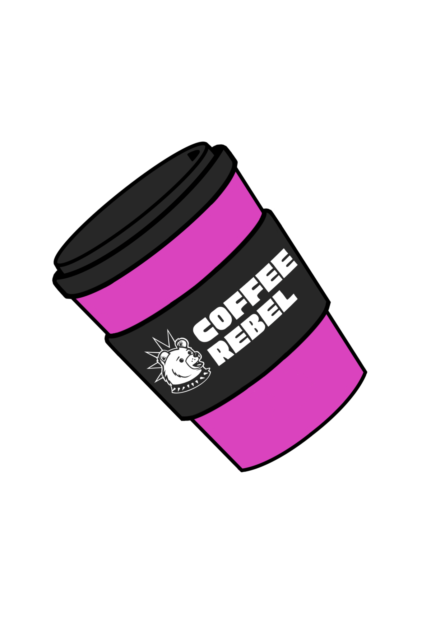 A coffee to-go cup with a purple and black design, featuring a bear logo and the words "COFFEE REBEL" on the label.