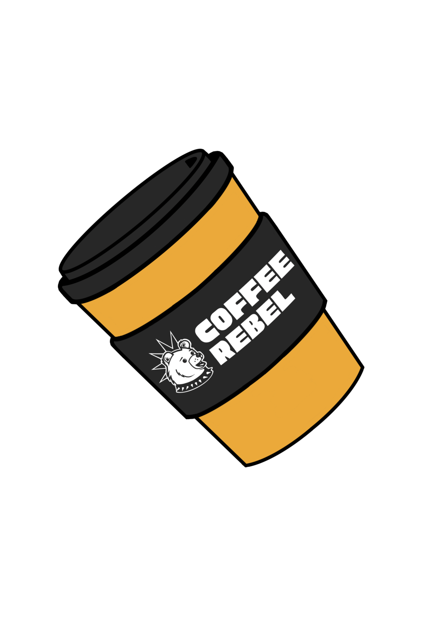 A yellow to-go coffee cup with a black lid and a black sleeve featuring a lion logo and the text "TOUGH REBEL".