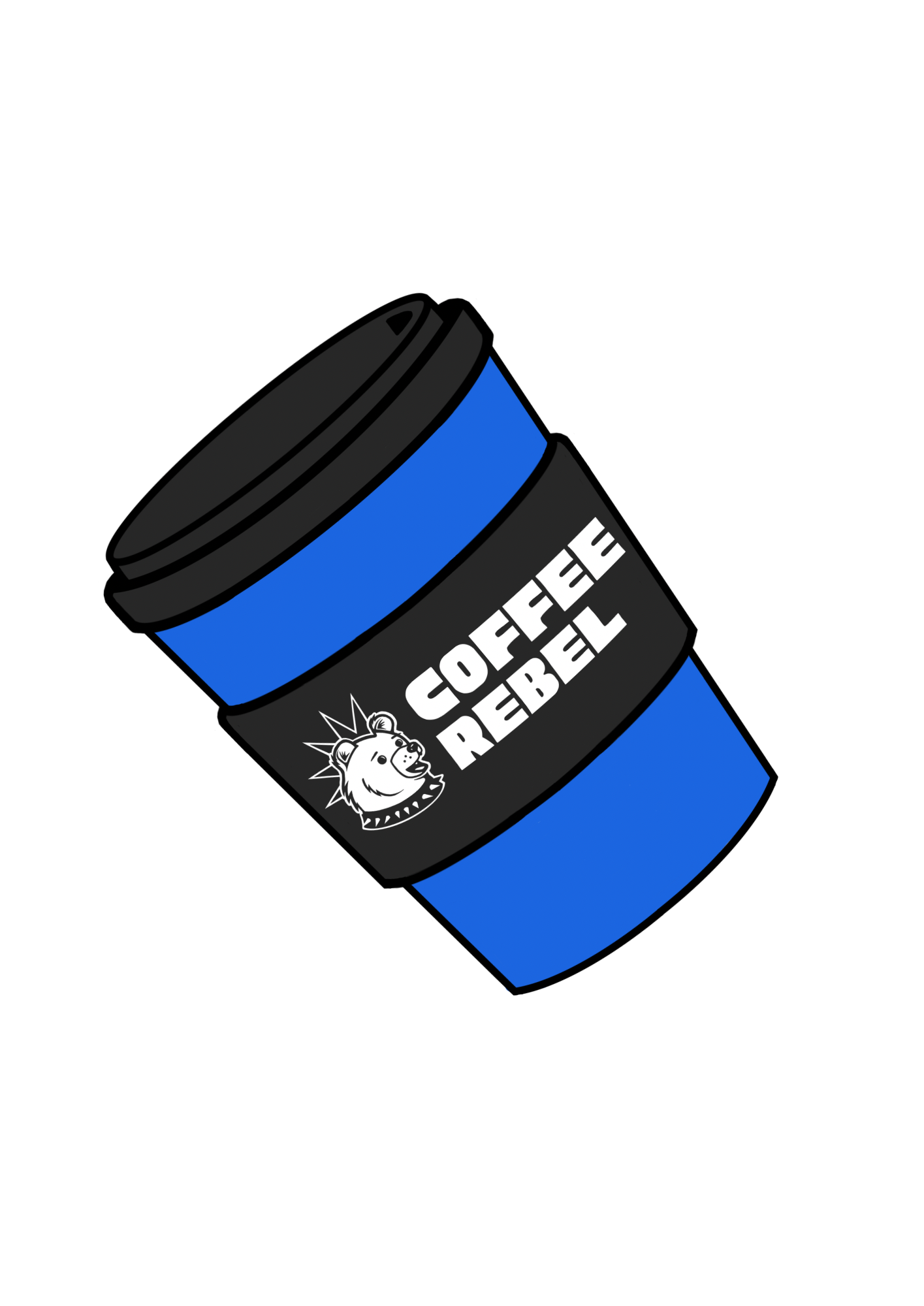 A blue and black travel mug with a lid, featuring a lion graphic and the text 'COFFEE REBEL' on the label.