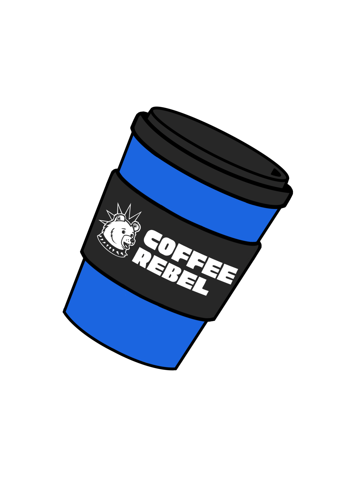 Stylized illustration of a green reusable coffee cup with a black lid, featuring a black label with a white lion head logo and the words "COFFEE REBEL" in bold white letters.