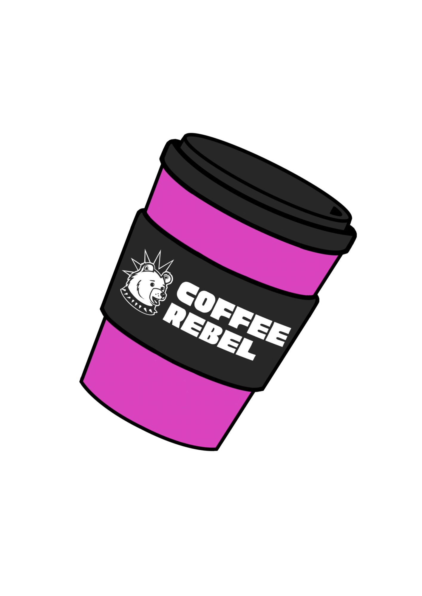 Illustration of a purple to-go coffee cup with a black lid and a black label reading "Coffee Rebel" with a lion logo, isolated on a black background.