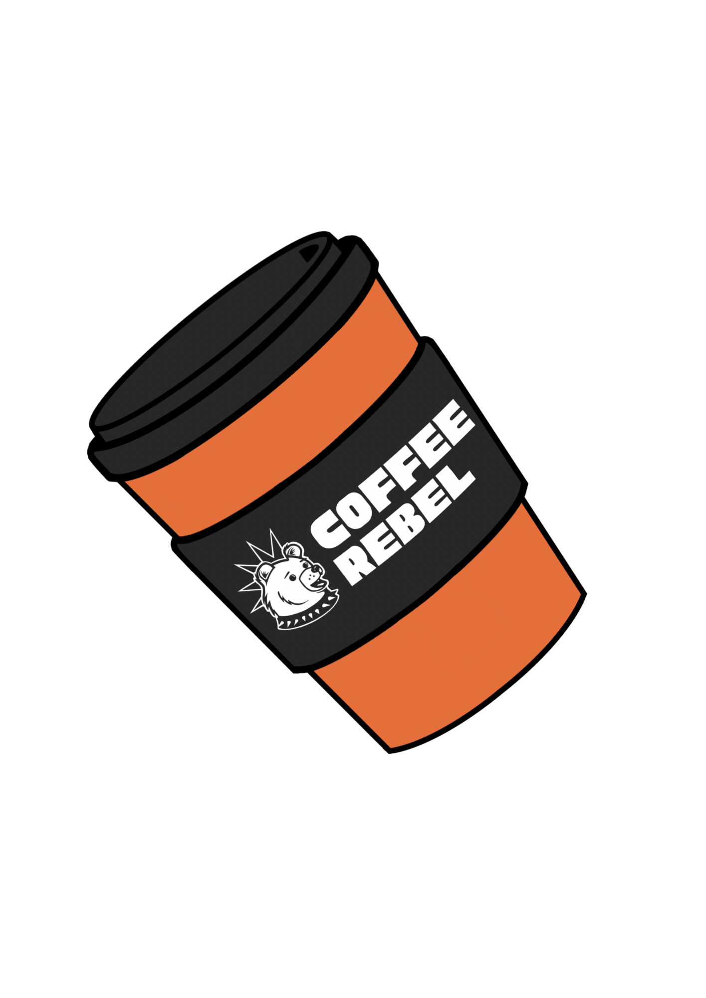A to-go coffee cup with a black lid, orange body, and black sleeve featuring a white bear logo and the text 'COFFEE REBEL' in white.