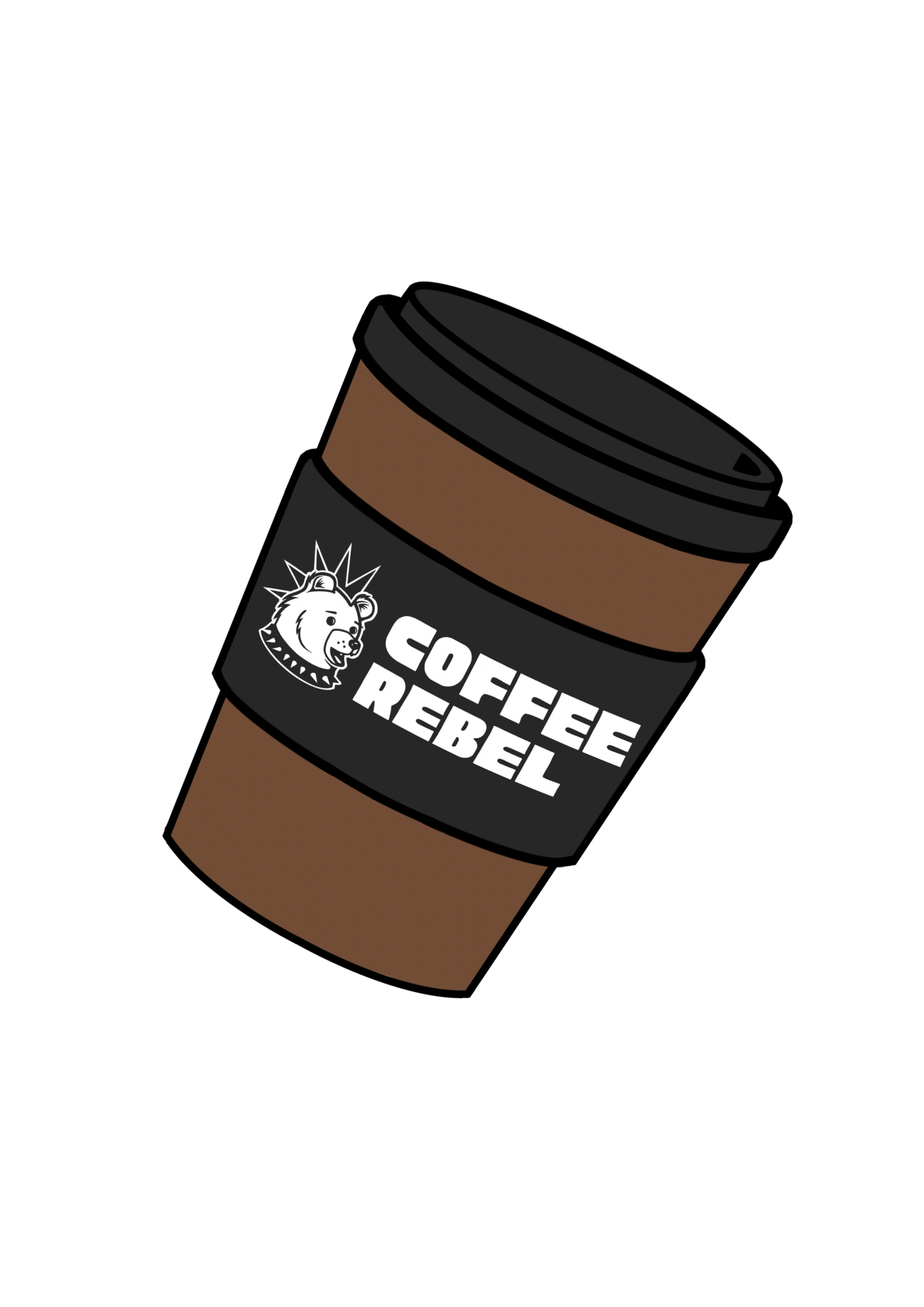 Illustration of a to-go coffee cup with a black label that reads "Coffee Rebel" and a lion logo, set against a black background.