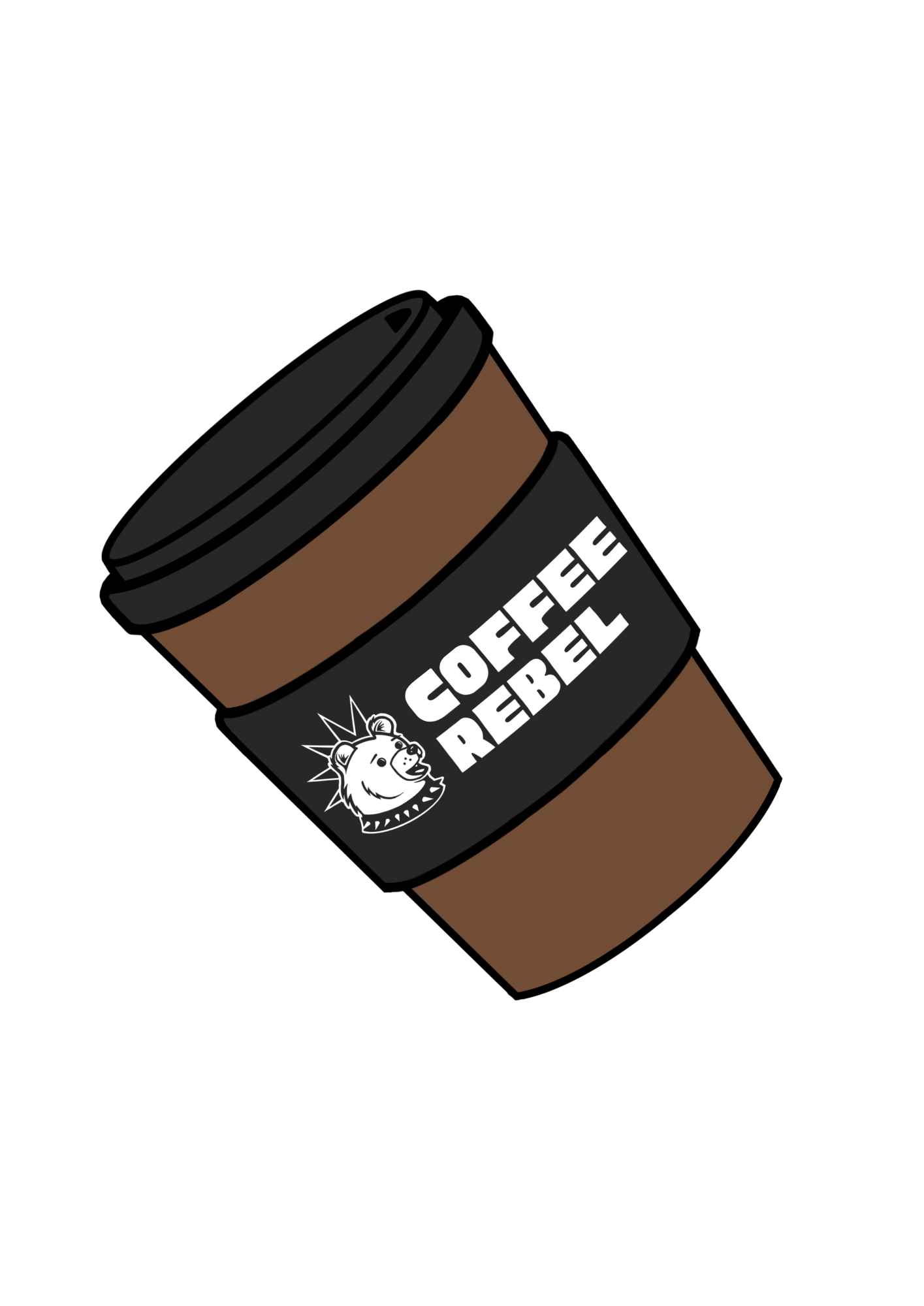 Illustration of a coffee to-go cup with a bear mascot and the text 'Coffee the Rebel' on the label.