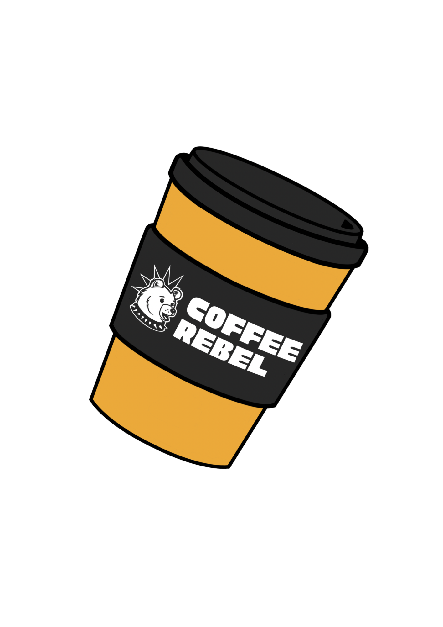 A to-go coffee cup with a black lid, black sleeve, and label reading 'Coffee Rebel' featuring a lion's head logo.