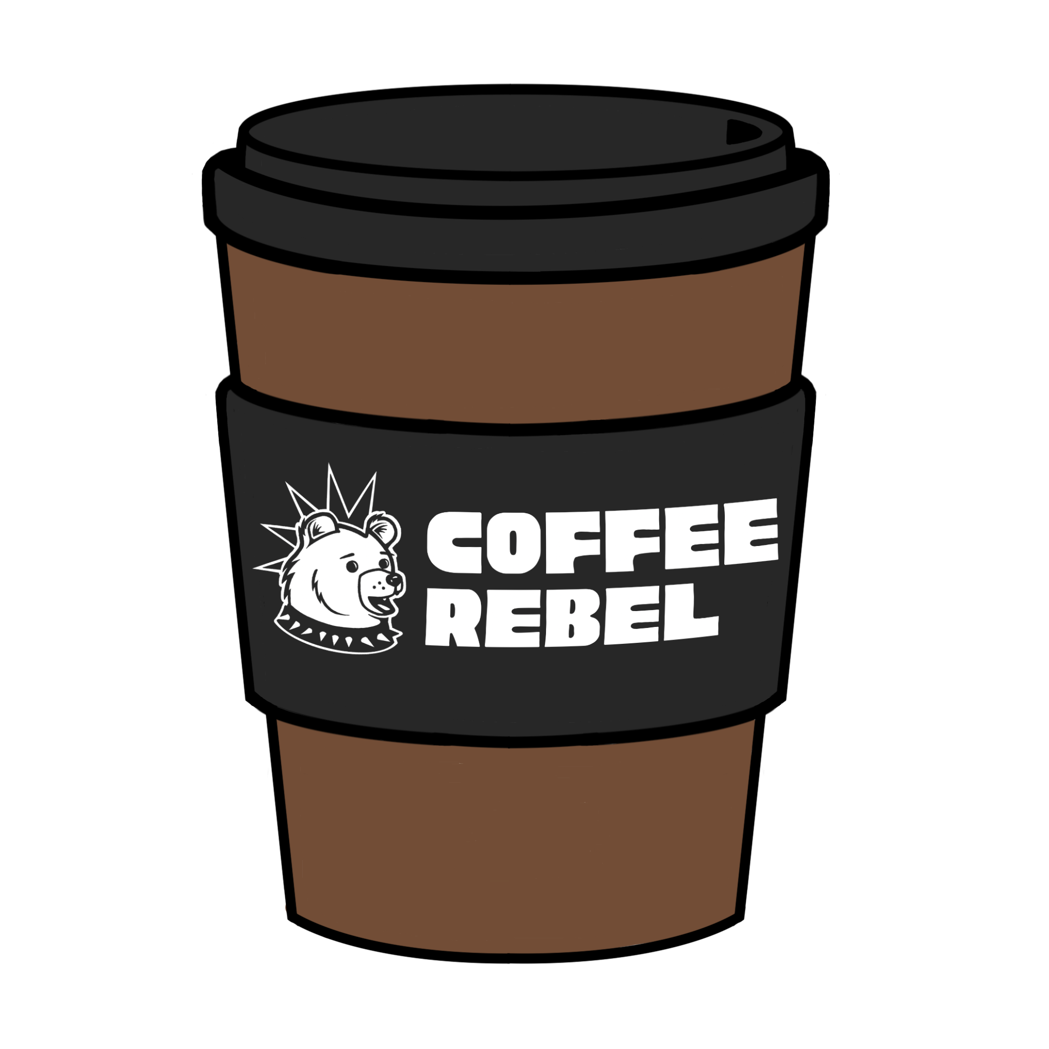 Stylized illustration of a coffee cup with a black sleeve featuring a bear with a crown and the words 'Coffee Rebel' in bold white letters.