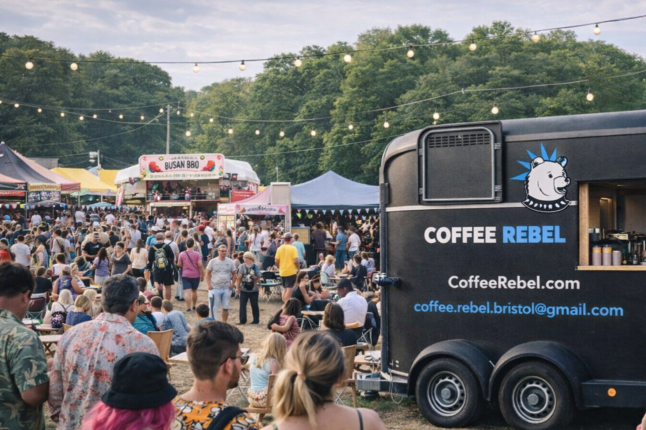Crowd at outdoor festival with food stalls and a food truck labeled 'Coffee Rebel' featuring a unicorn logo, against a backdrop of greenery and string lights.