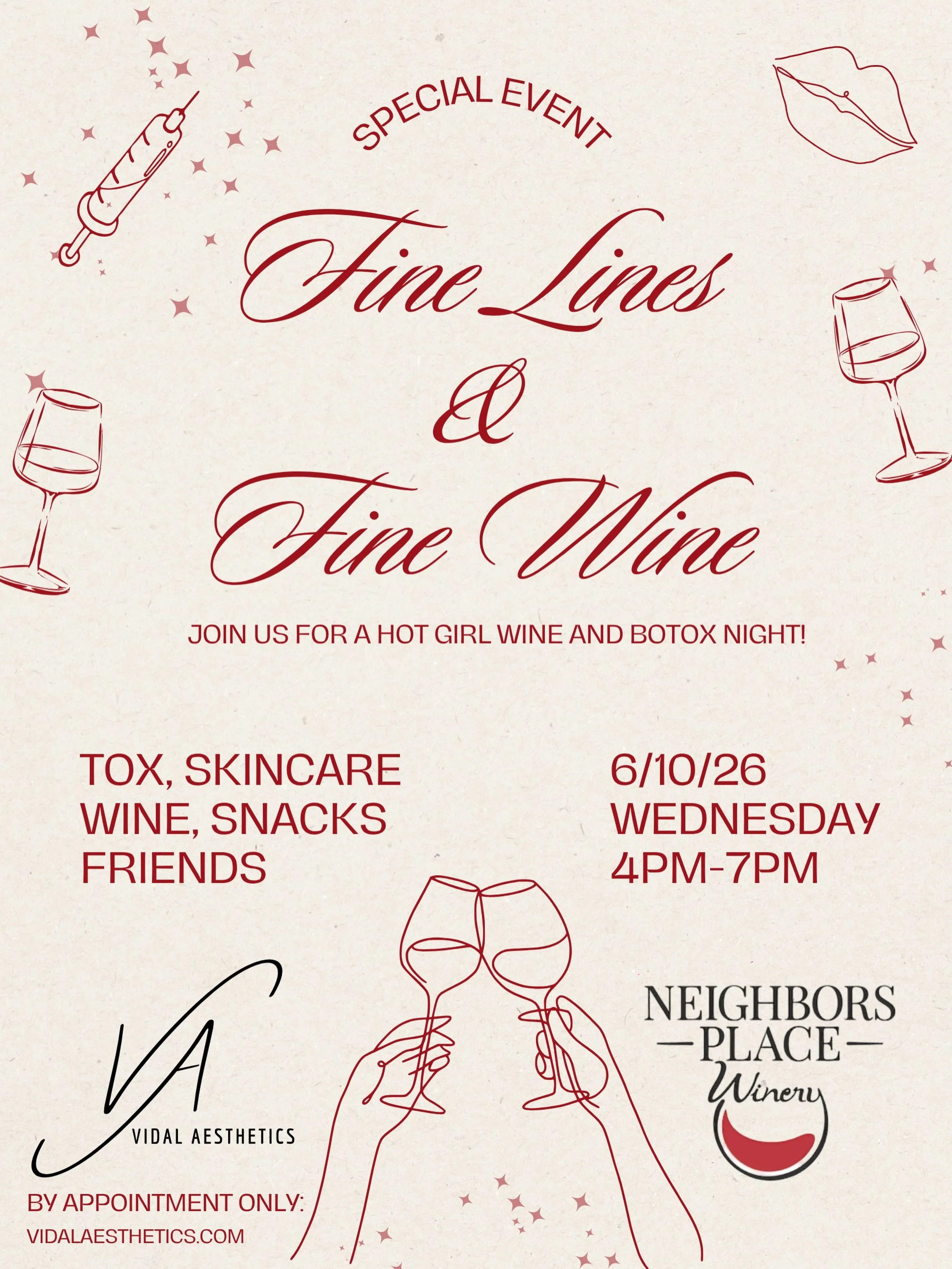 ✨ Fine Lines &amp; Fine Wine ✨
Join us at Neighbors Place Winery for a fun girls night filled with tox, skincare, snacks, wine, and your favorite people 🍷🤍
Enjoy event pricing on tox for just $10.50/unit while spending the evening relaxing, connect