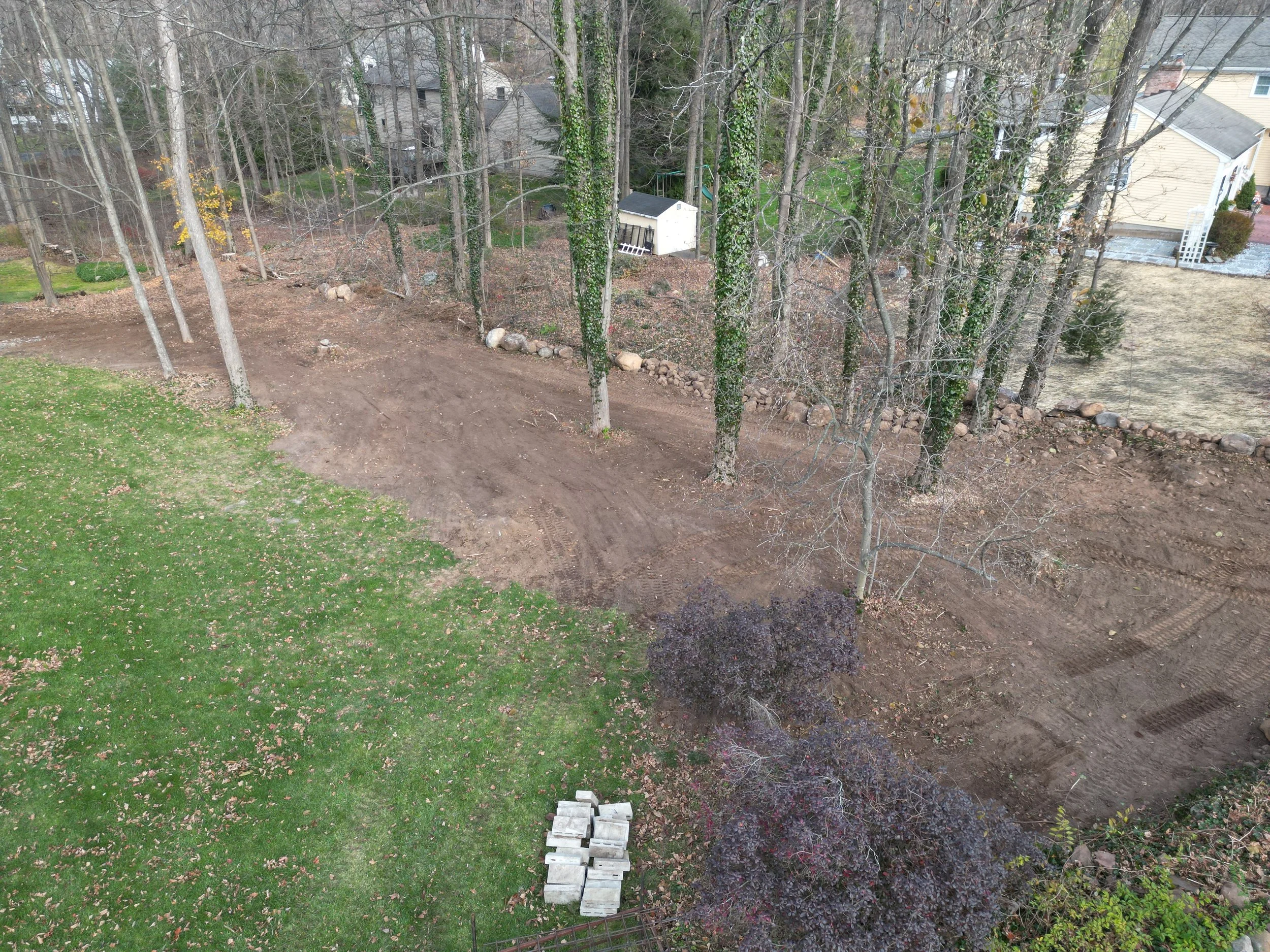 A backyard area with some grass and trees, a cleared dirt patch, and a small white shed in the background. There are visible tire tracks on the dirt.