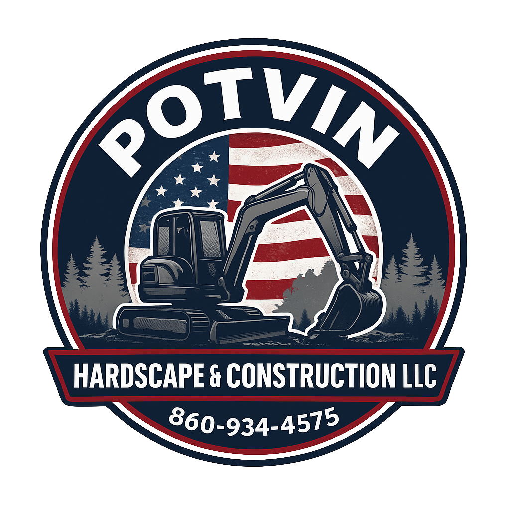 Logo for Potvin Hardscape & Construction LLC featuring an excavator, American flag background, and contact number 860-934-4575.