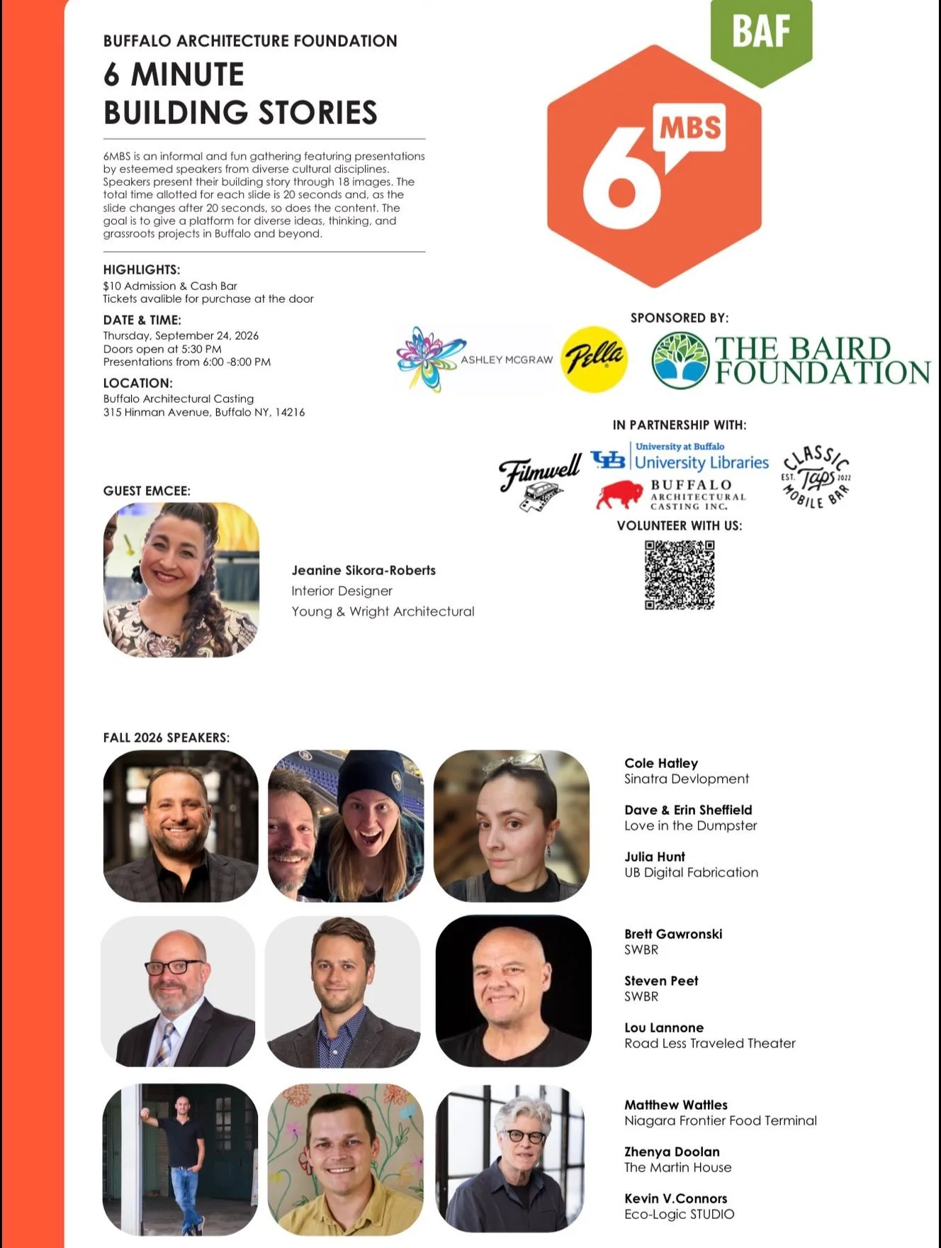 🎉 We are SO excited for Thursday! 🎉
We have a couple of quick updates as we get ready for BAF 6MBS:
📍 Street parking is available on Hinman for the event.
🌿 The event will be outside in the Buffalo Architectural Casting &ldquo;Graveyard&rdquo;! T