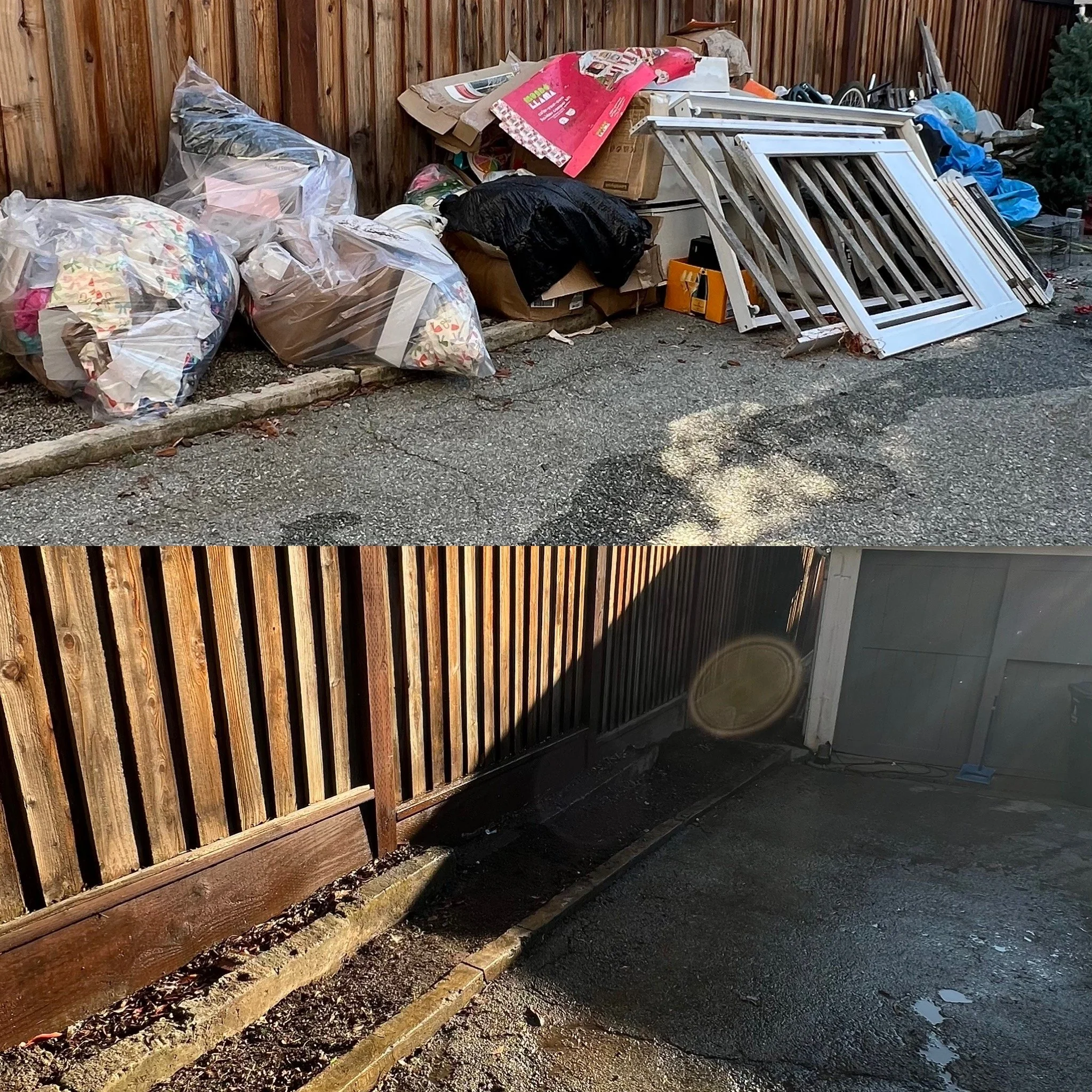 A before-and-after of a cleaned and repaired outdoor space. The top image shows clutter and debris, including garbage bags, cardboard boxes, window frames, and miscellaneous discarded items. The bottom image shows the same area cleaned, with the debr