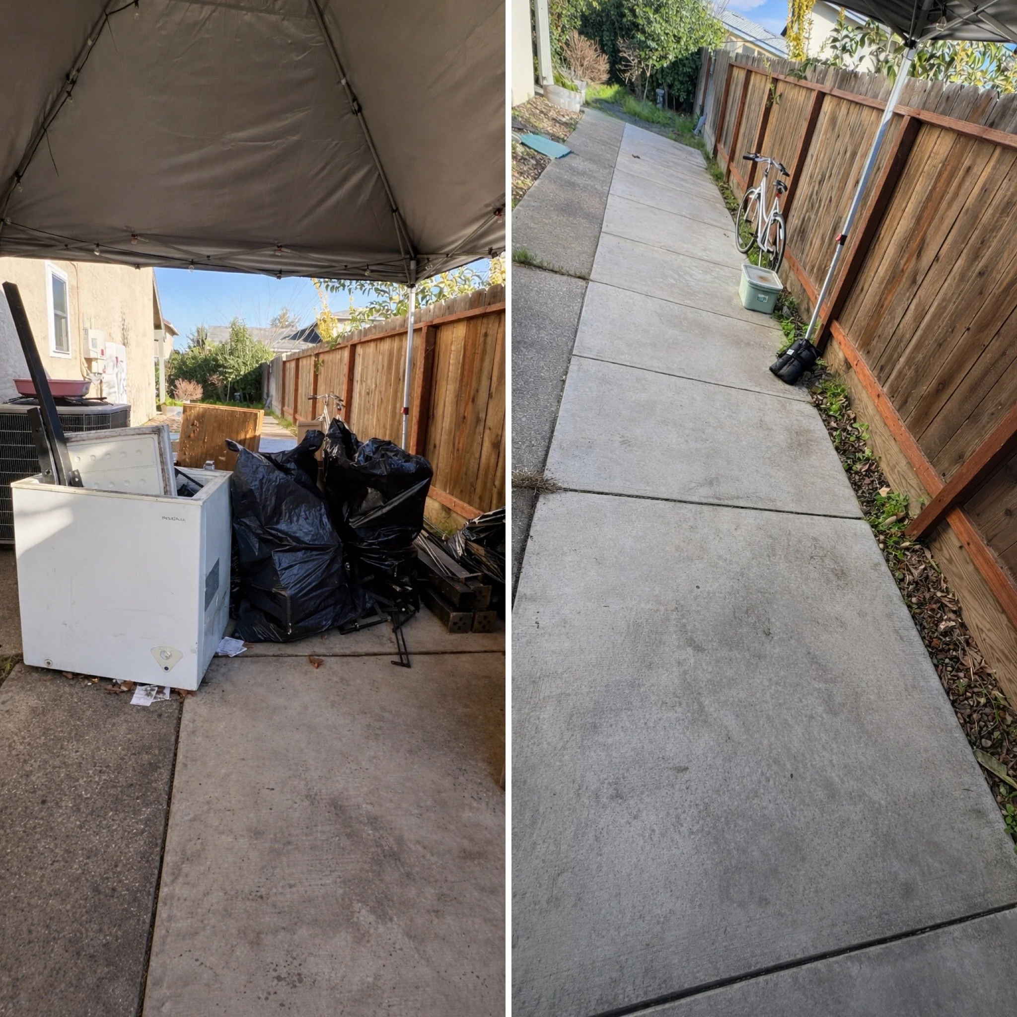 Side-by-side views of a backyard porch and sidewalk. The left image shows a cluttered porch with trash bags, a freezer, and some furniture under a canopy. The right image shows a clean, empty sidewalk next to a wooden fence and a bicycle.