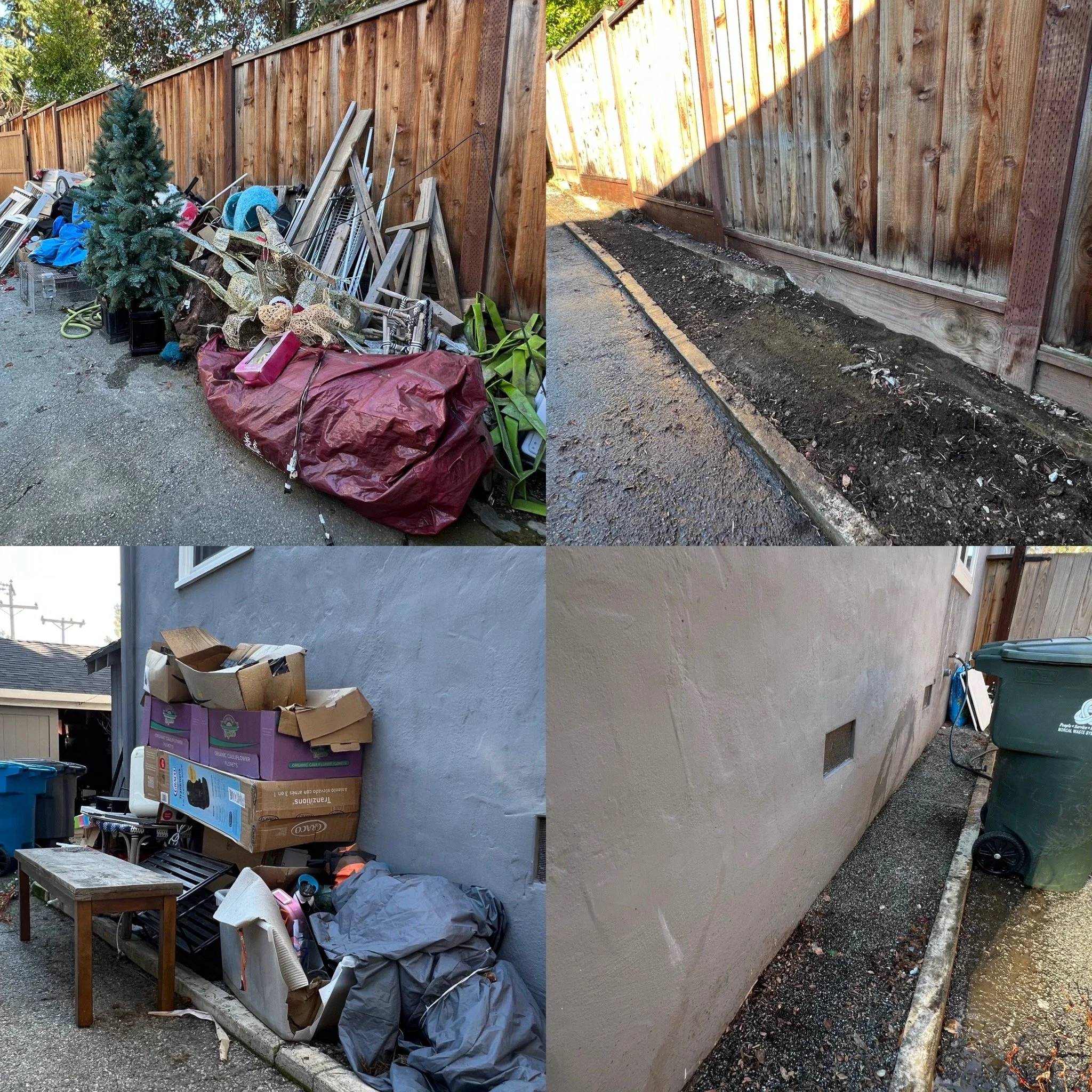 Top left: Pile of discarded items, including artificial Christmas tree, metal furniture, boxes, and gardening supplies, along a wooden fence. Top right: Dirt walkway alongside a tall wooden fence, prepared for planting or landscaping. Bottom left: Co
