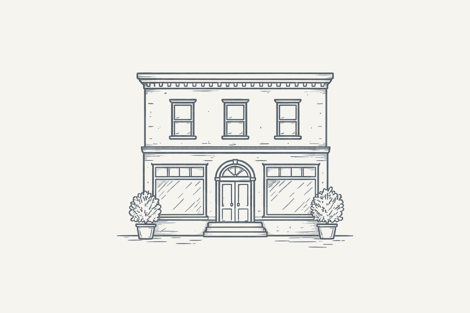 Sketch of a two-story building with a central double door entrance, two large windows on each side of the door, three smaller windows on the second floor, and potted bushes outside.
