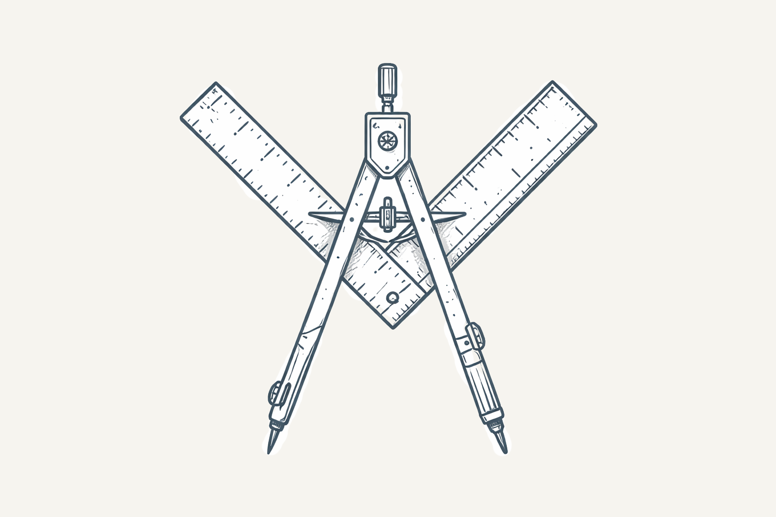 Line drawing of a drafting compass with two rulers crossed behind it on a light background.