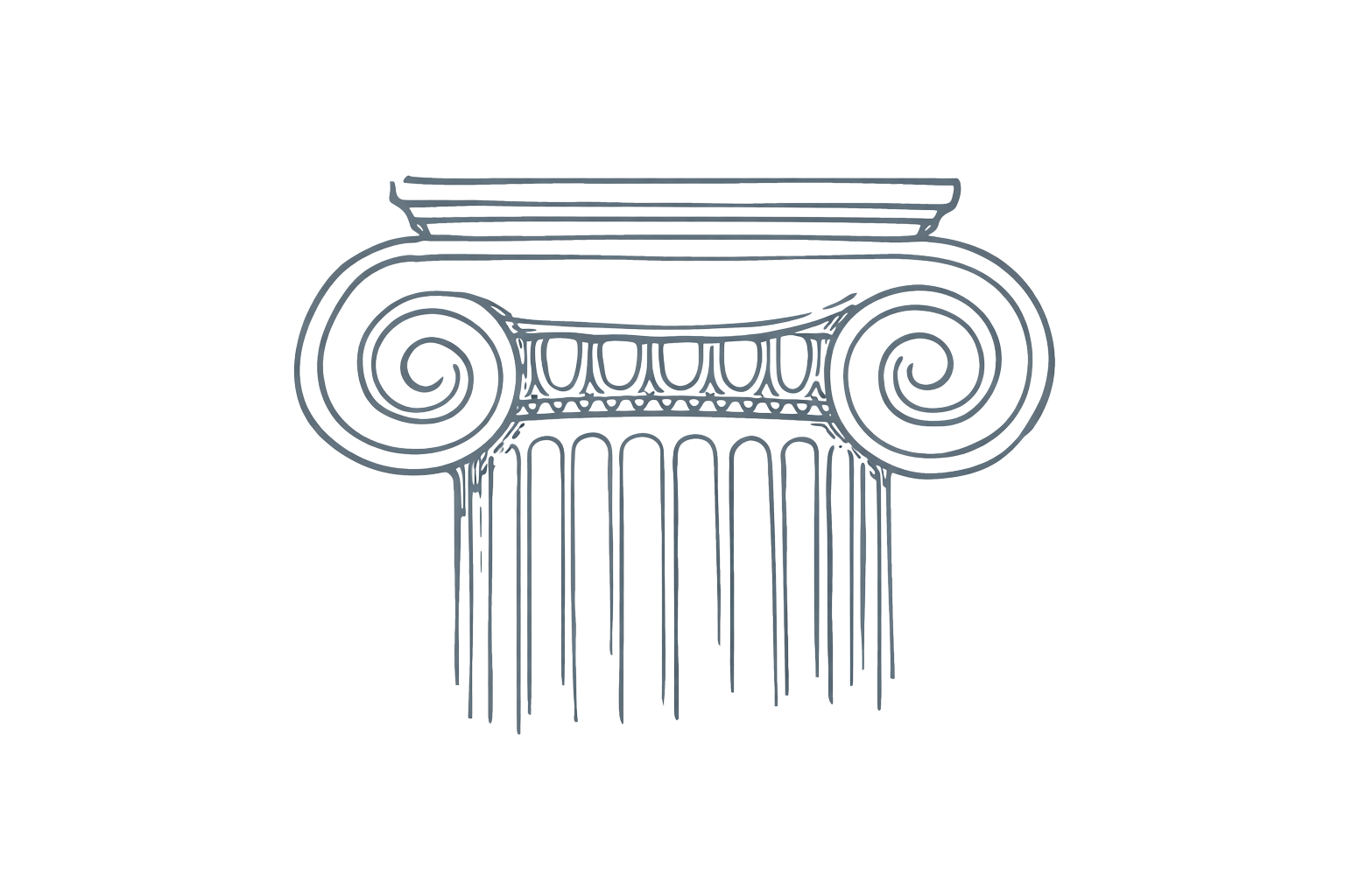 Line drawing of an ancient Greek Ionic column capital with volutes and egg-and-dart decorative details in a minimalist style.