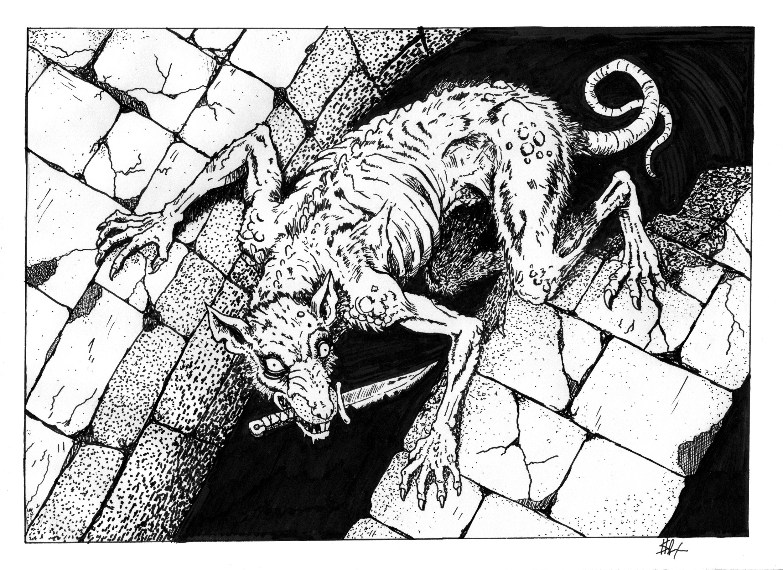 Ratfolk rat climbing the dungeon walls, with a deadly knife in it's mouth, ready to pounce.