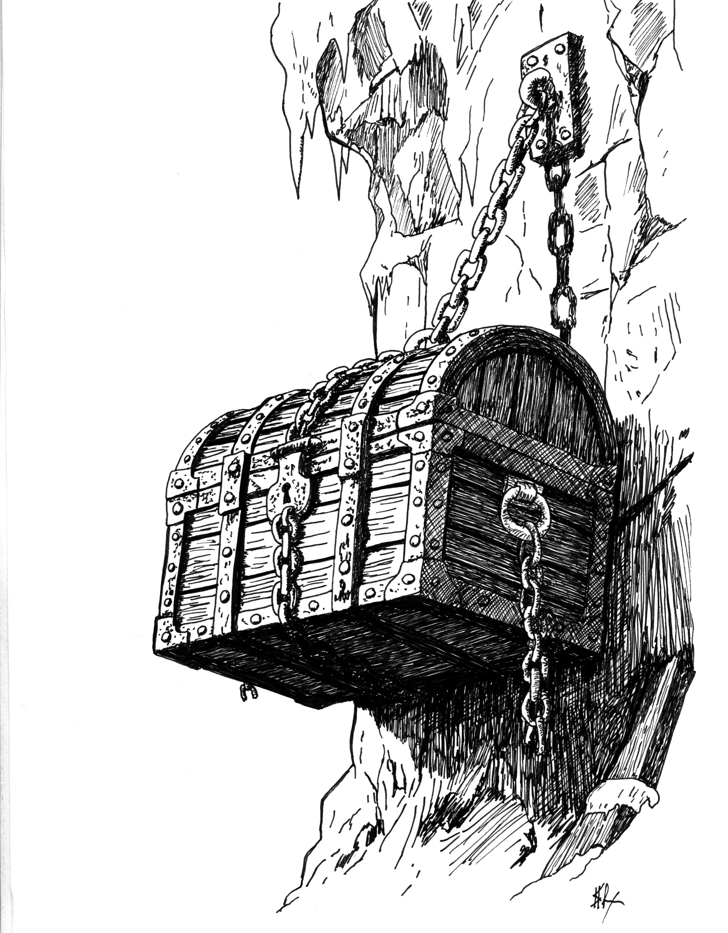 A wooden chest attached to the wall with a chain link wrapped around it.