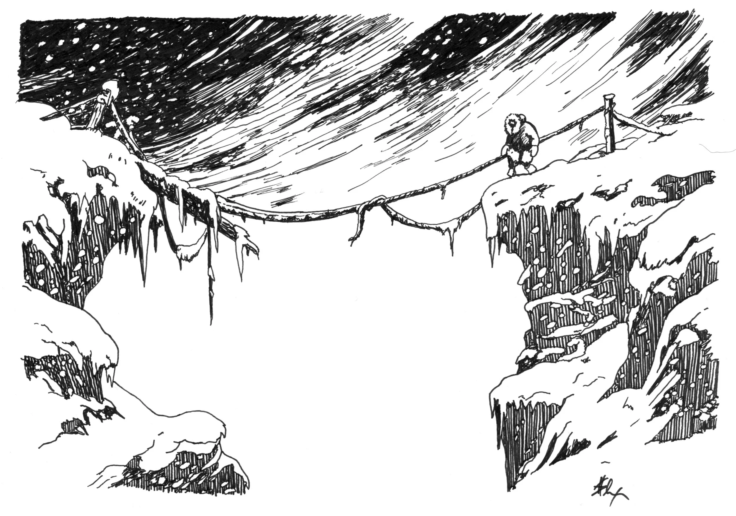 Adventurer standing on an icy cliff in front of a dilapidated draw bridge
