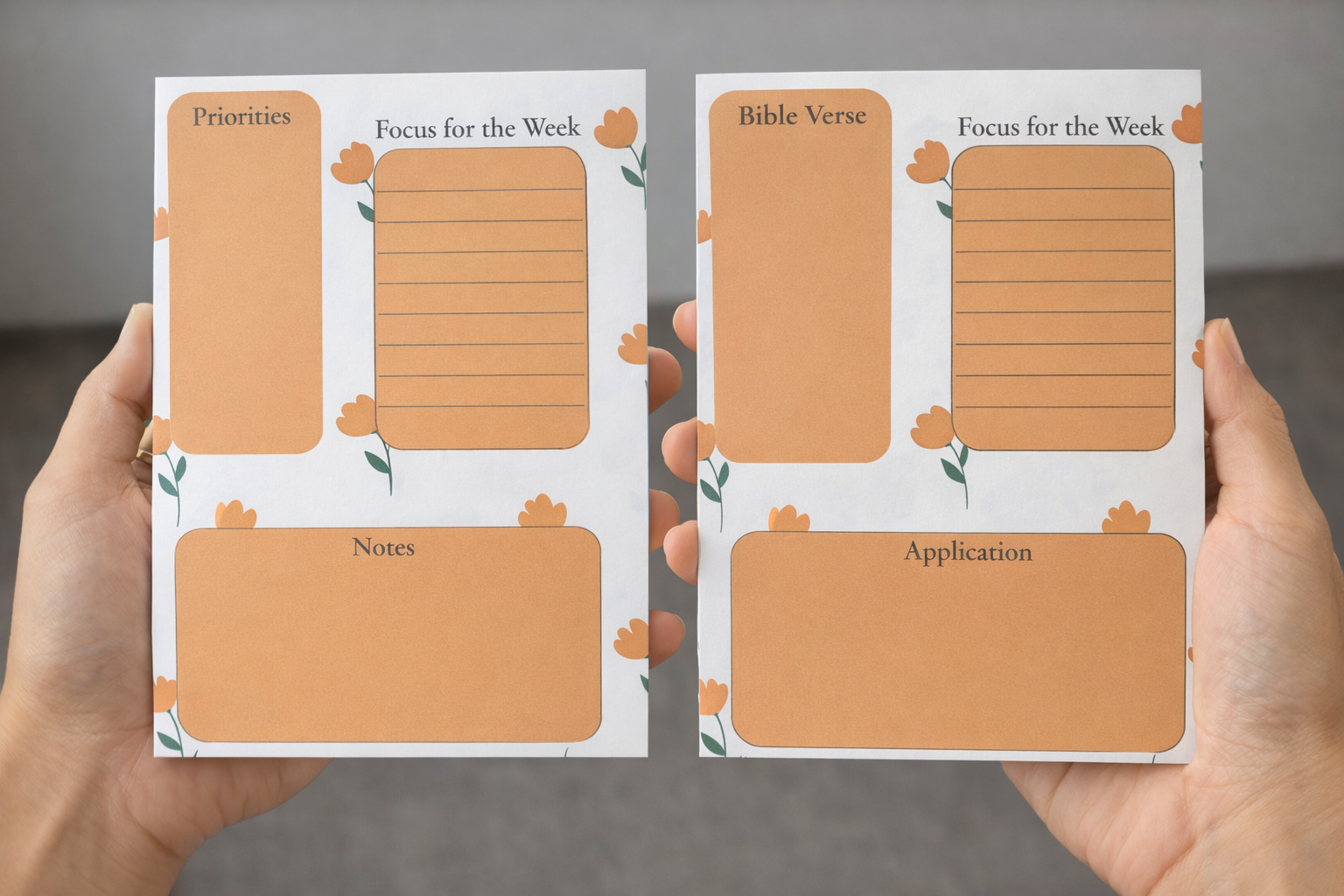 Two 5x7 faith-based weekly planning notepads with orange floral design held in hands. One layout includes Priorities and the other Bible Verse with Focus, Notes, and Application areas.