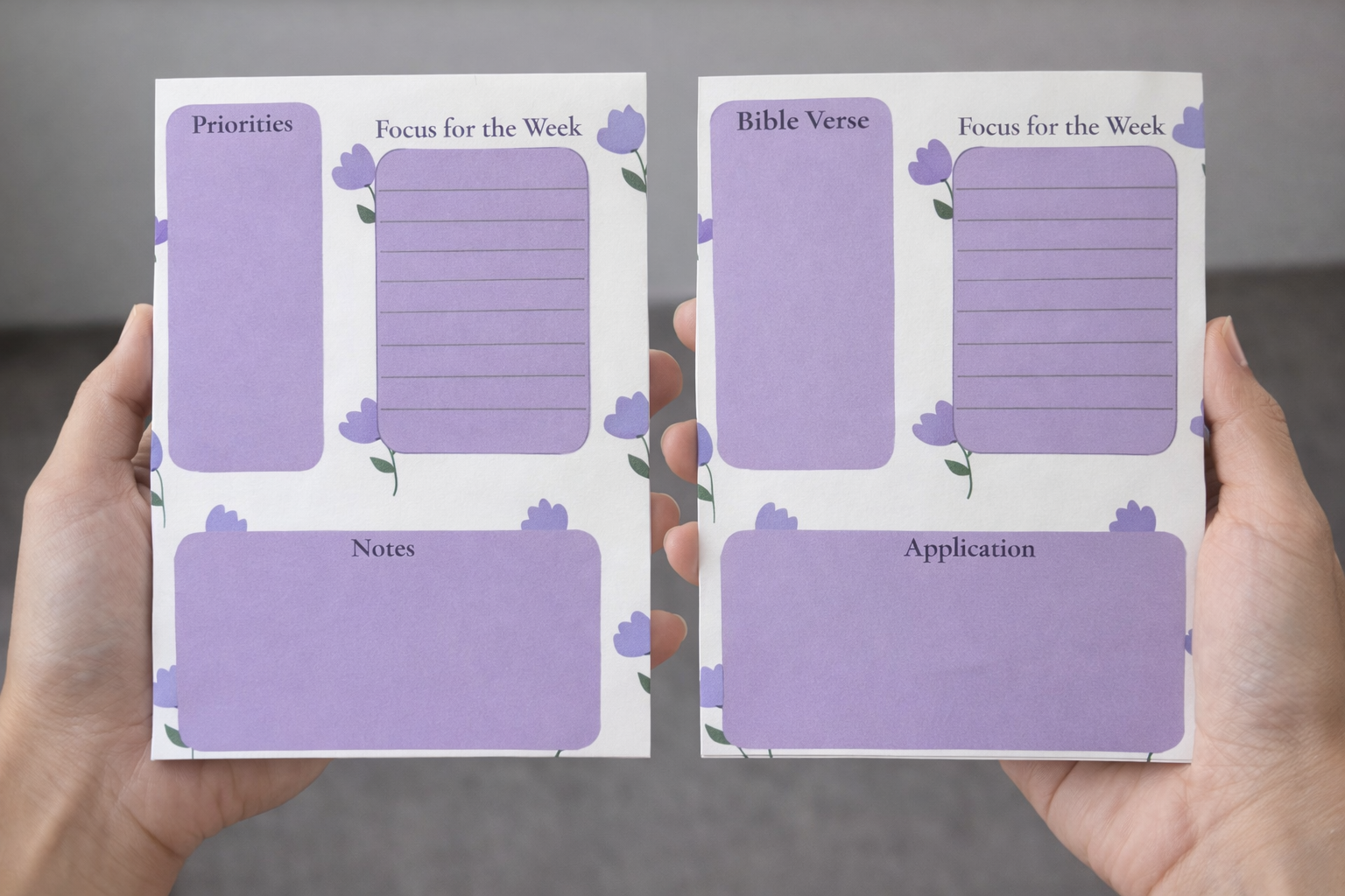Two 5x7 Christian weekly devotional notepads with soft purple floral design held in hands. One includes Priorities, the other Bible Verse, each with Focus, Notes, and Application sections.