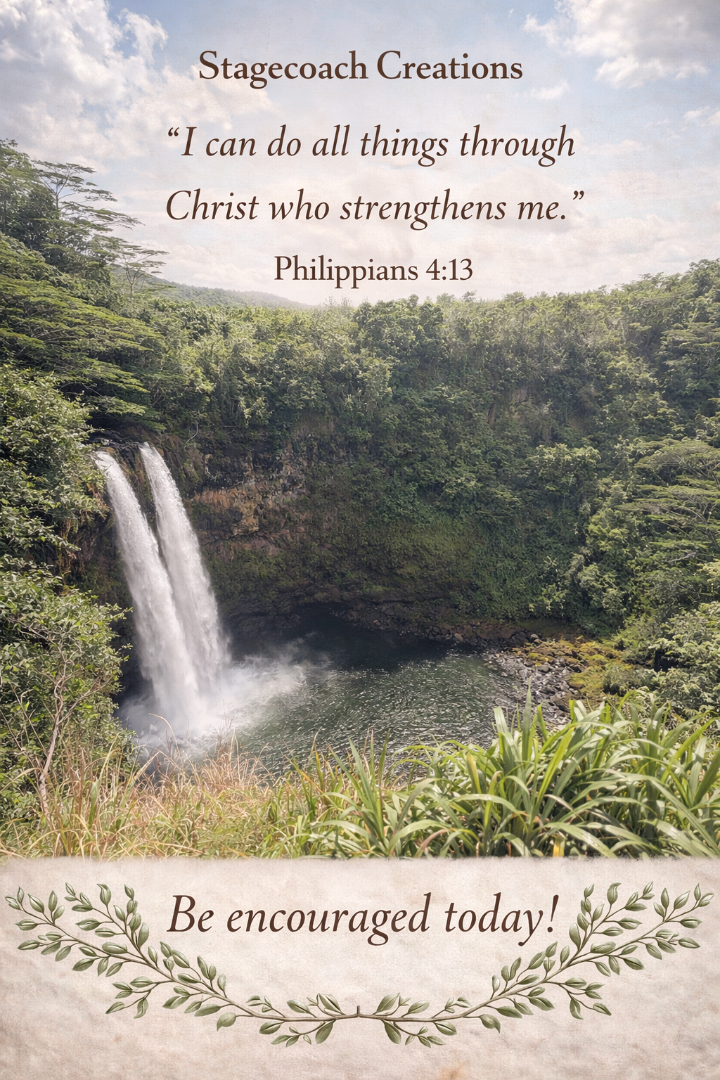 Waterfall landscape with Philippians 4:13 and Stagecoach Creations encouragement message.