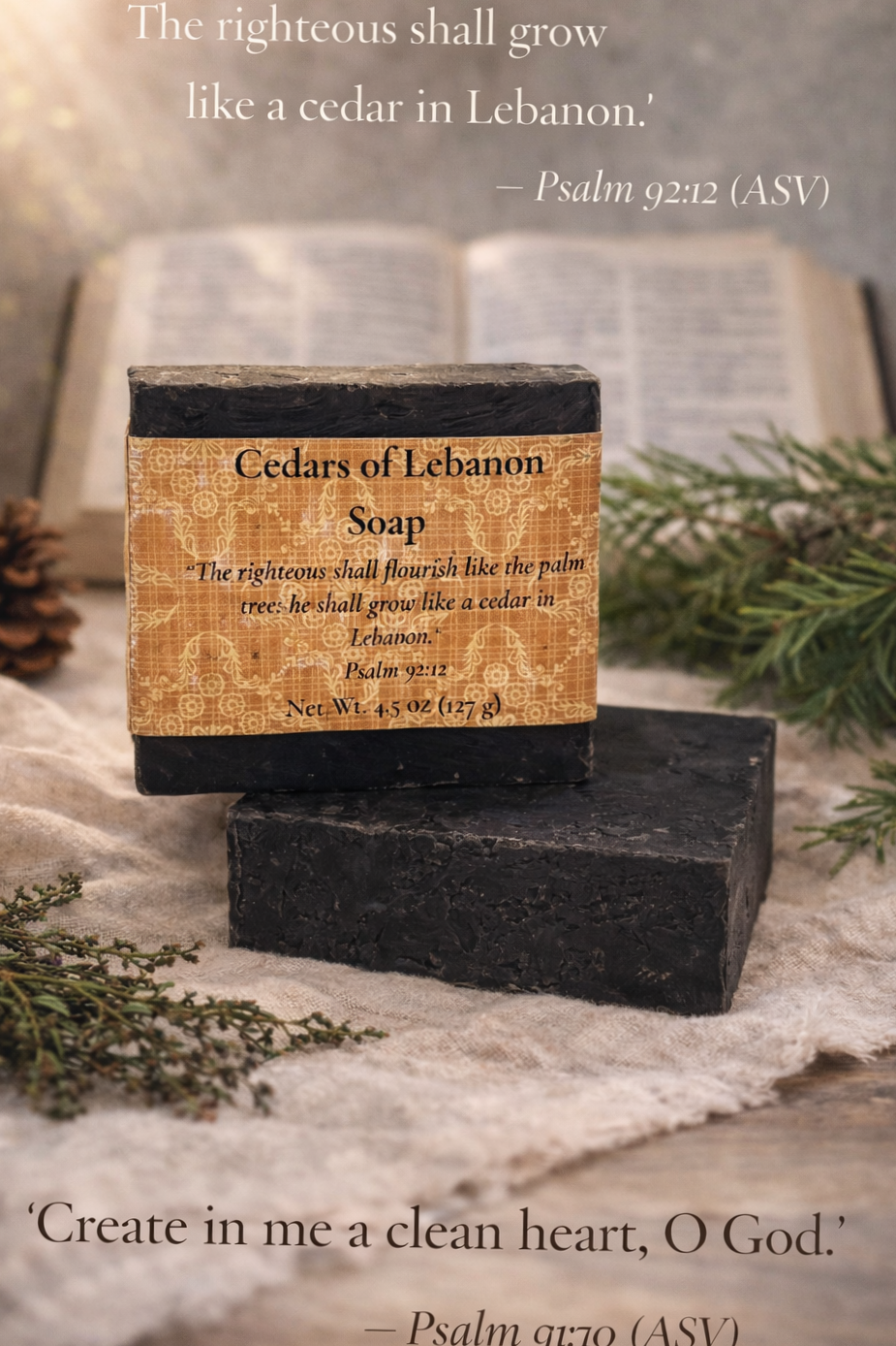 Cedars of Lebanon charcoal soap on linen with cedar branches and Psalm 92:12.