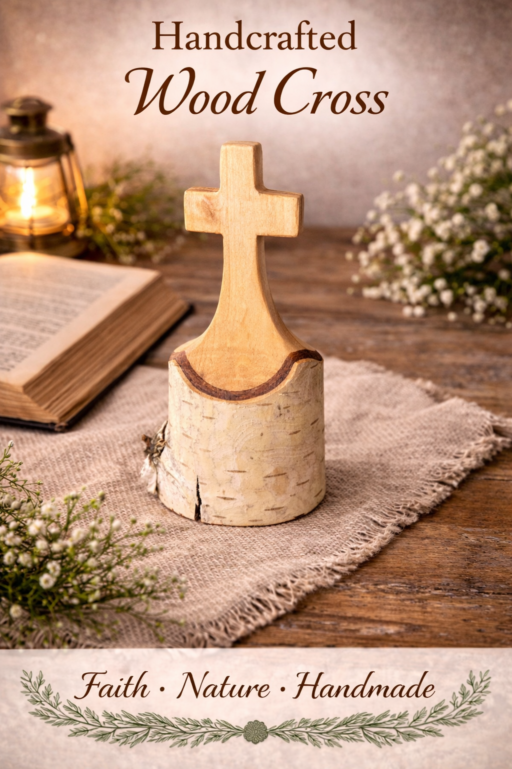 Wooden cross with Bible and lantern.png