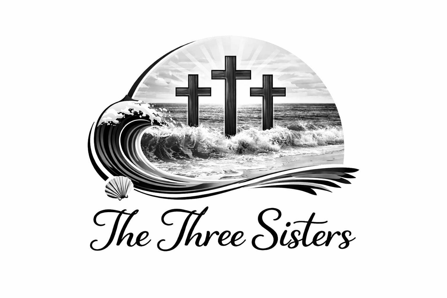Logo featuring three wooden crosses above ocean waves at sunrise with the text “The Three Sisters” below.