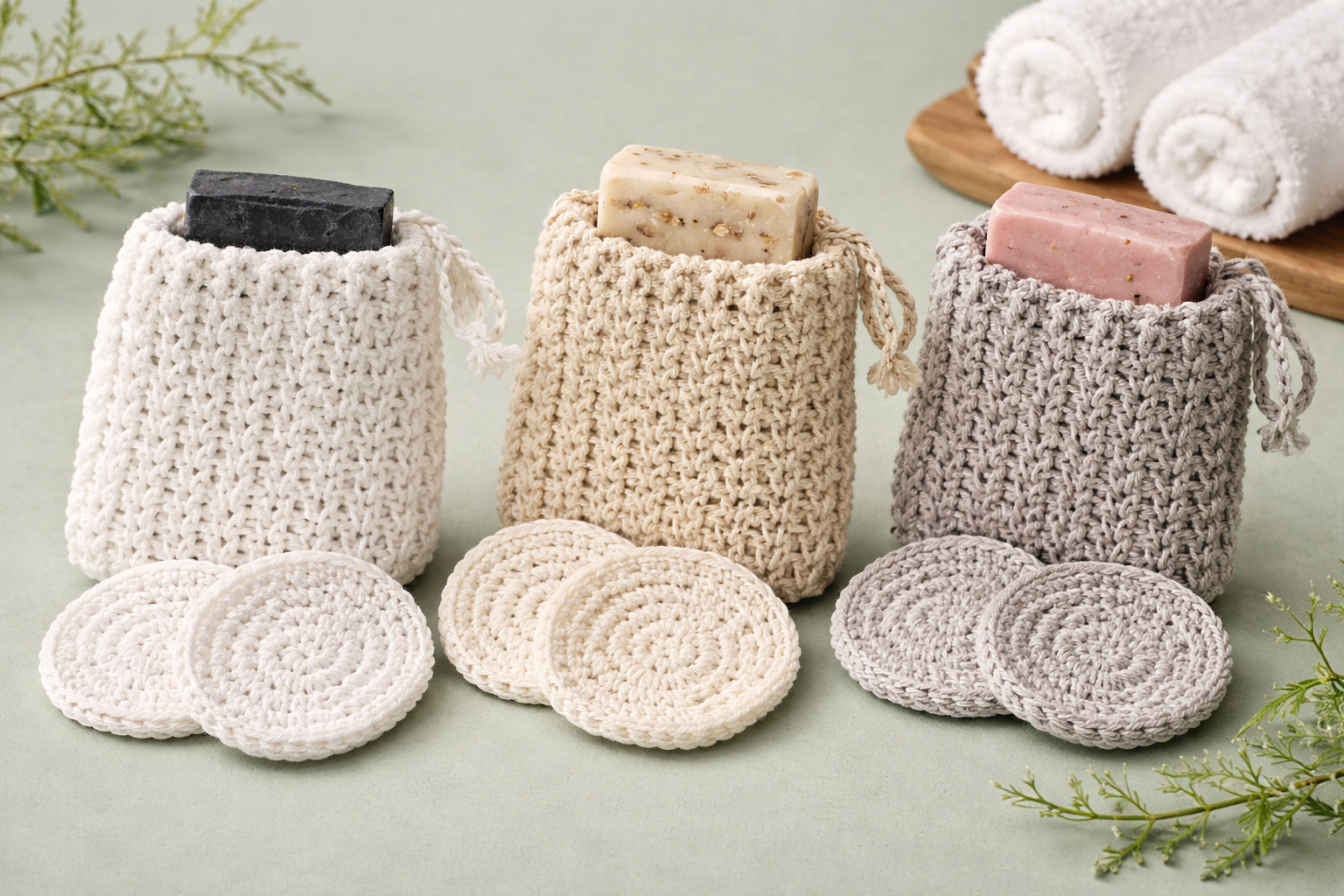 Three handmade cotton crochet soap bags each holding a bar of soap with matching reusable facial wash rounds on a sage green background.