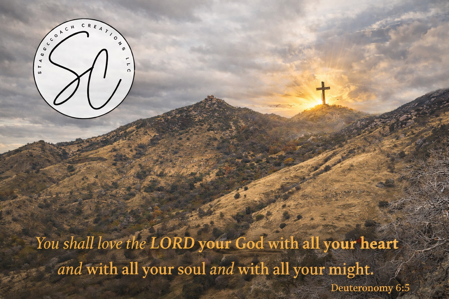 Sun setting behind a cross on a hilltop with mountains and cloudy sky in the background, a quote from Deuteronomy 6:5 overlaid in gold text.