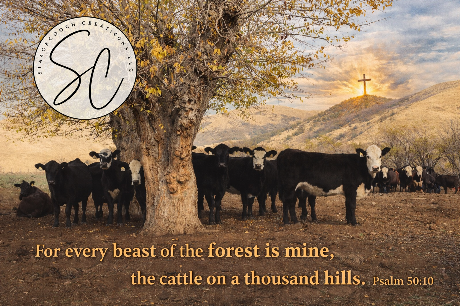 A pastoral scene with cows gathered under a large tree with yellow leaves, set against a landscape of rolling hills and a cross on a distant hill at sunset. A Bible verse from Psalm 50:10 is overlaid, reading, 'For every beast of the forest is mine, the cattle on a thousand hills.' The image includes a logo in the upper left corner with the initials 'SC' and the text 'STAAQ ECOUCH CREATIONS LLC.'