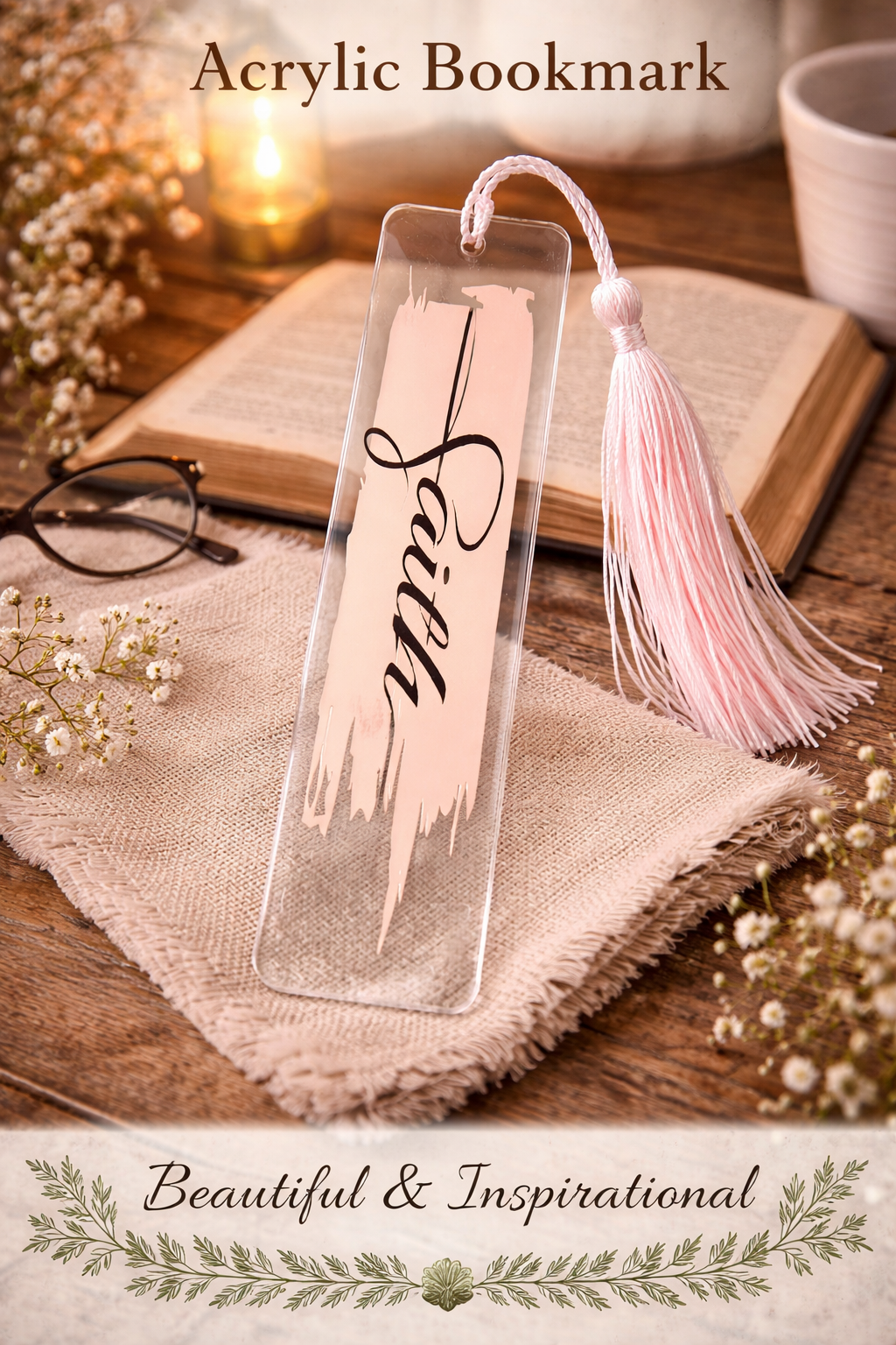 Clear acrylic “Faith” bookmark with pink tassel displayed beside an open Bible on rustic wood table.