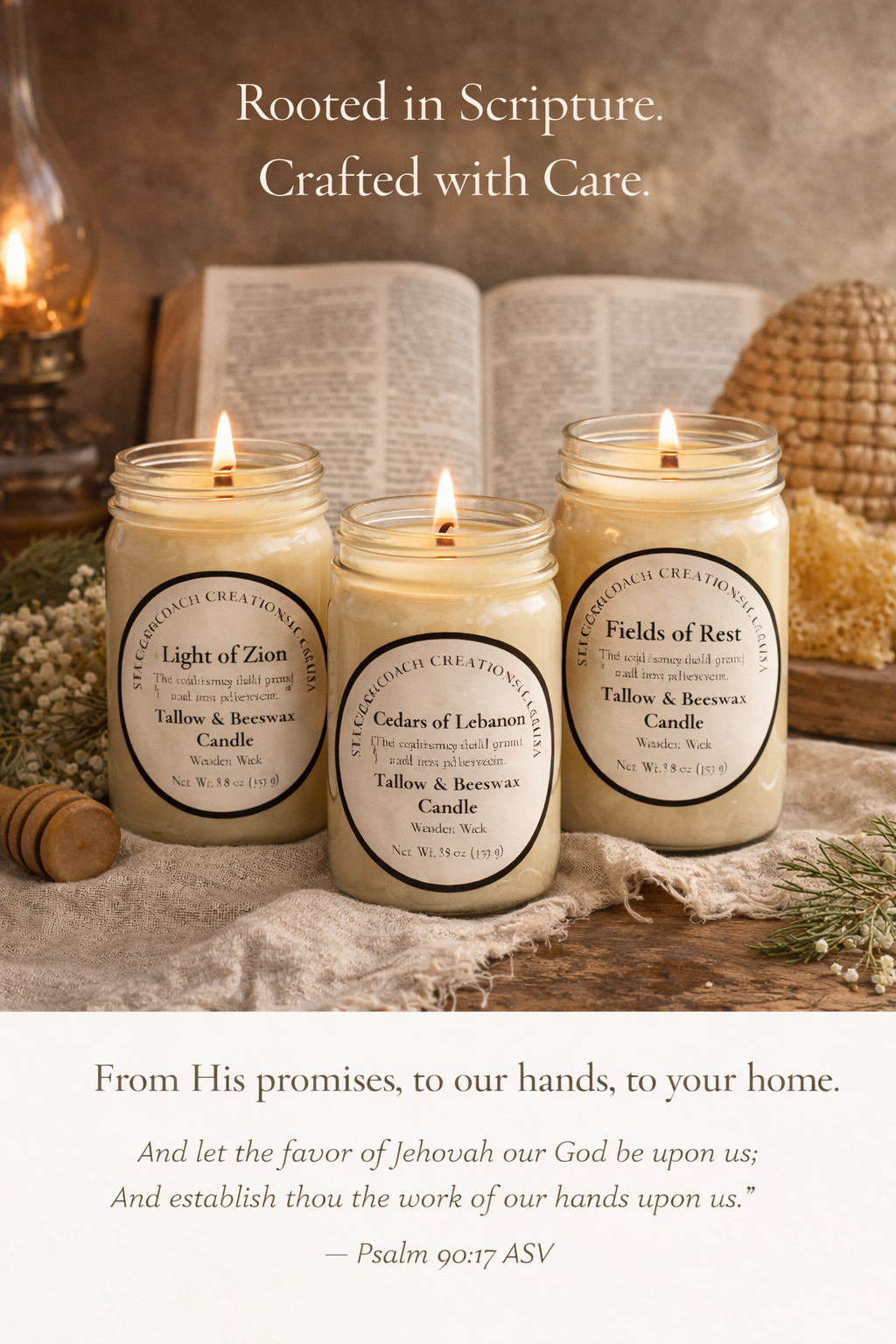 Three lit candles in jars labeled 'Light of Zion,' 'Cedars of Lebanon,' and 'Fields of Rest,' placed on a rustic cloth with greenery and a wheat stalk nearby, with an open Bible and a wicker object in the background.