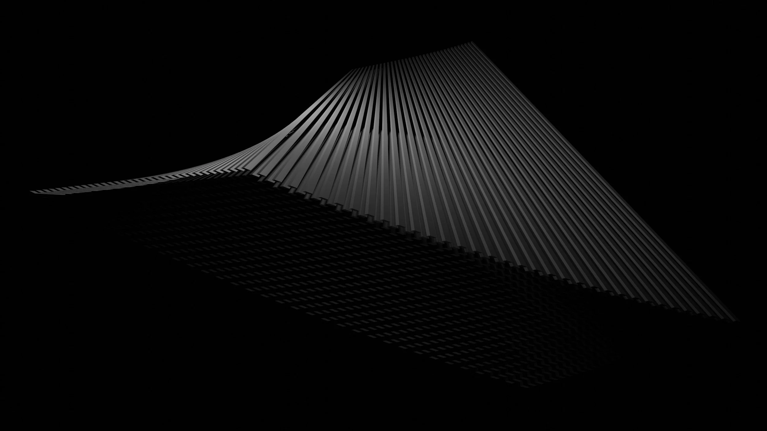 Abstract 3D geometric sculpture with sharp lines and reflective surfaces, floating against a black background.